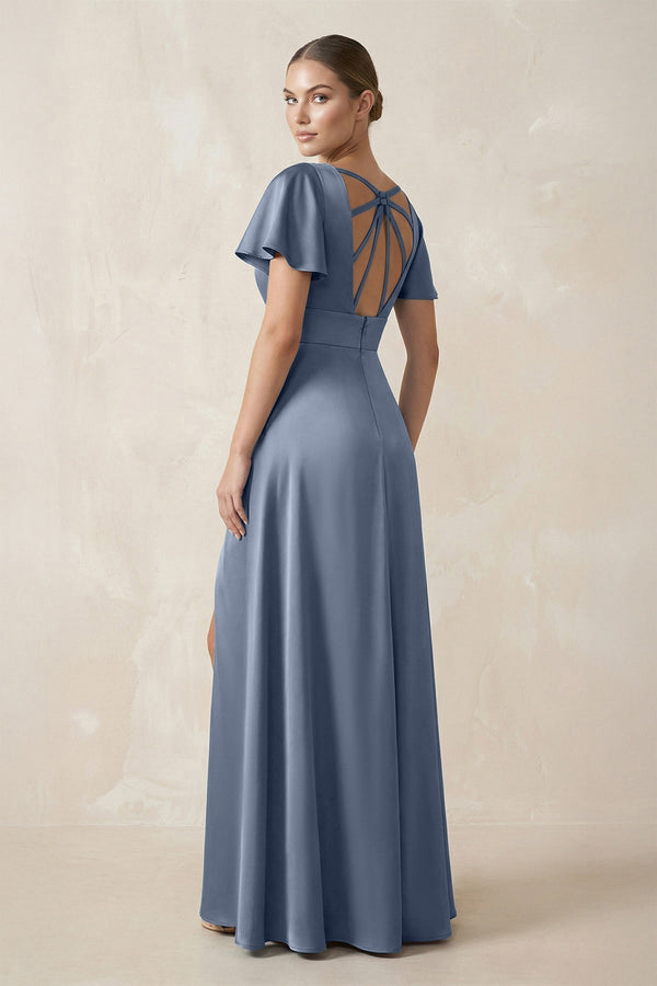 Short Sleeve V - Neck A - Line Satin Bridesmaid Dress With Slit in Neptune - KissProm Bridesmaid Dresses