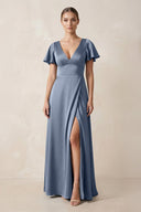 Short Sleeve V - Neck A - Line Satin Bridesmaid Dress With Slit in Neptune - KissProm Bridesmaid Dresses