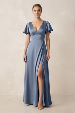 Short Sleeve V - Neck A - Line Satin Bridesmaid Dress With Slit in Neptune - KissProm Bridesmaid Dresses