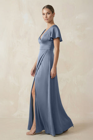 Short Sleeve V - Neck A - Line Satin Bridesmaid Dress With Slit in Neptune - KissProm Bridesmaid Dresses