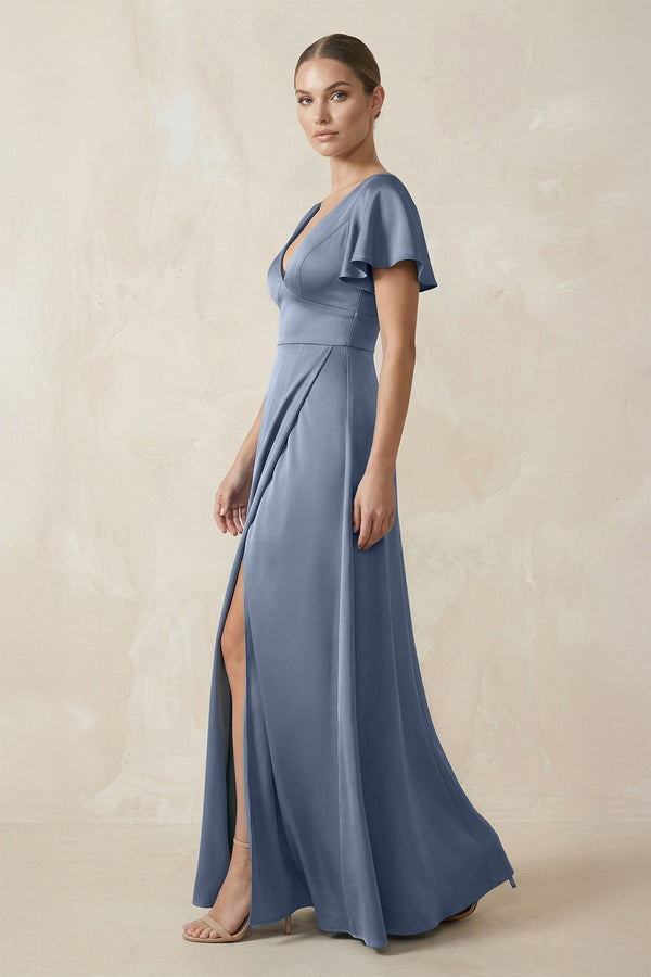 Short Sleeve V - Neck A - Line Satin Bridesmaid Dress With Slit in Neptune - KissProm Bridesmaid Dresses