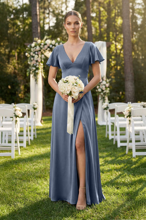 Short Sleeve V - Neck A - Line Satin Bridesmaid Dress With Slit in Neptune - KissProm Bridesmaid Dresses