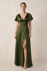 Short Sleeve V - Neck A - Line Satin Bridesmaid Dress With Slit in Olive - KissProm Bridesmaid Dresses