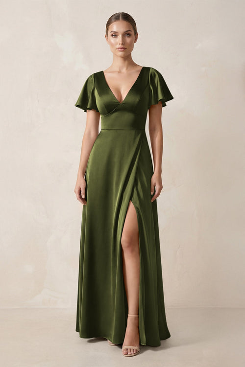 Short Sleeve V - Neck A - Line Satin Bridesmaid Dress With Slit in Olive - KissProm Bridesmaid Dresses