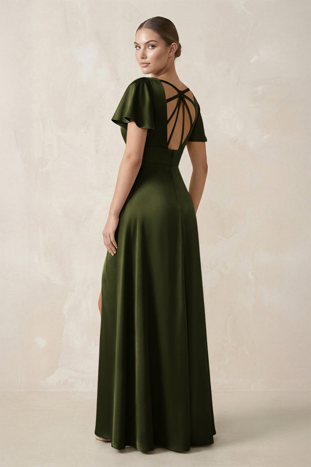 Short Sleeve V - Neck A - Line Satin Bridesmaid Dress With Slit in Olive - KissProm Bridesmaid Dresses