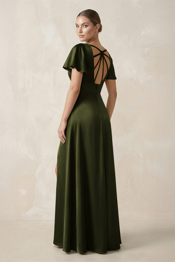Short Sleeve V - Neck A - Line Satin Bridesmaid Dress With Slit in Olive - KissProm Bridesmaid Dresses