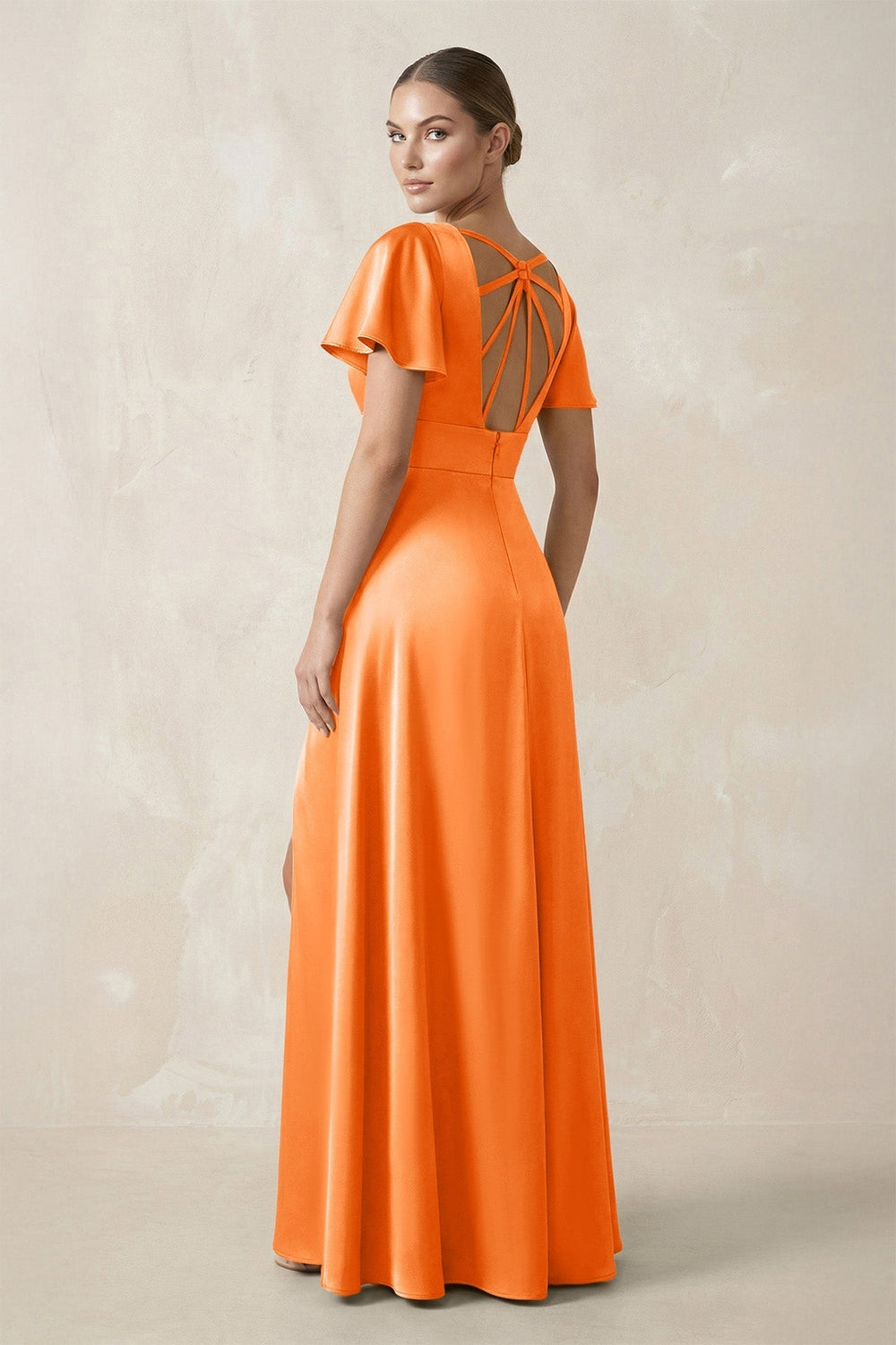 Short Sleeve V - Neck A - Line Satin Bridesmaid Dress With Slit in Orange - KissProm Bridesmaid Dresses