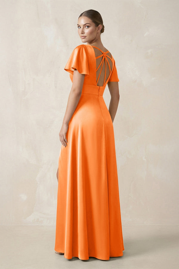 Short Sleeve V - Neck A - Line Satin Bridesmaid Dress With Slit in Orange - KissProm Bridesmaid Dresses
