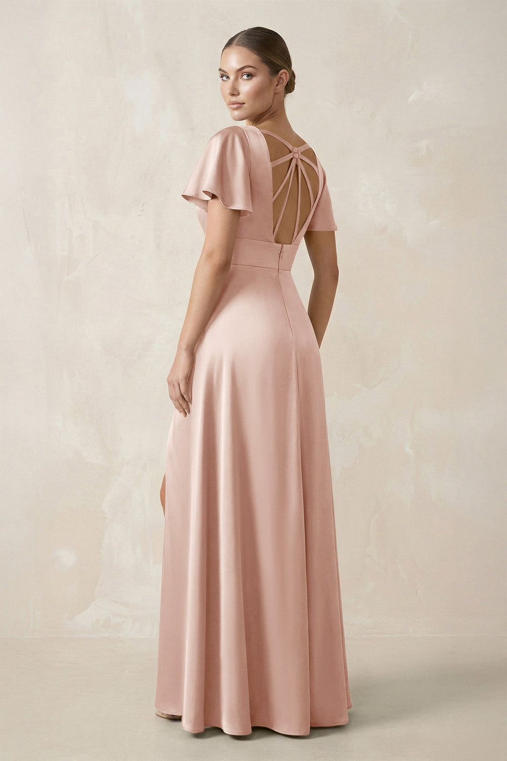 Short Sleeve V - Neck A - Line Satin Bridesmaid Dress With Slit in Pale Blush - KissProm Bridesmaid Dresses