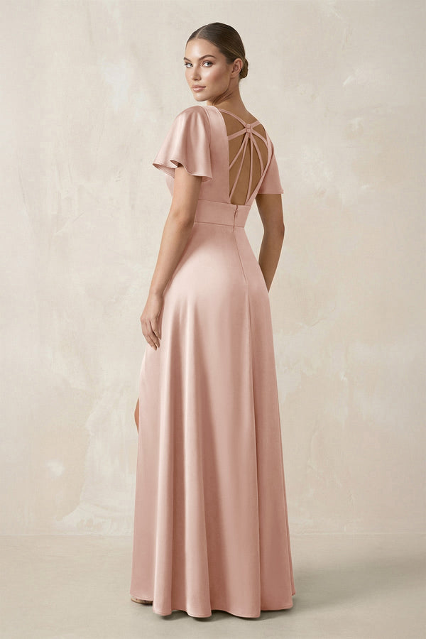 Short Sleeve V - Neck A - Line Satin Bridesmaid Dress With Slit in Pale Blush - KissProm Bridesmaid Dresses