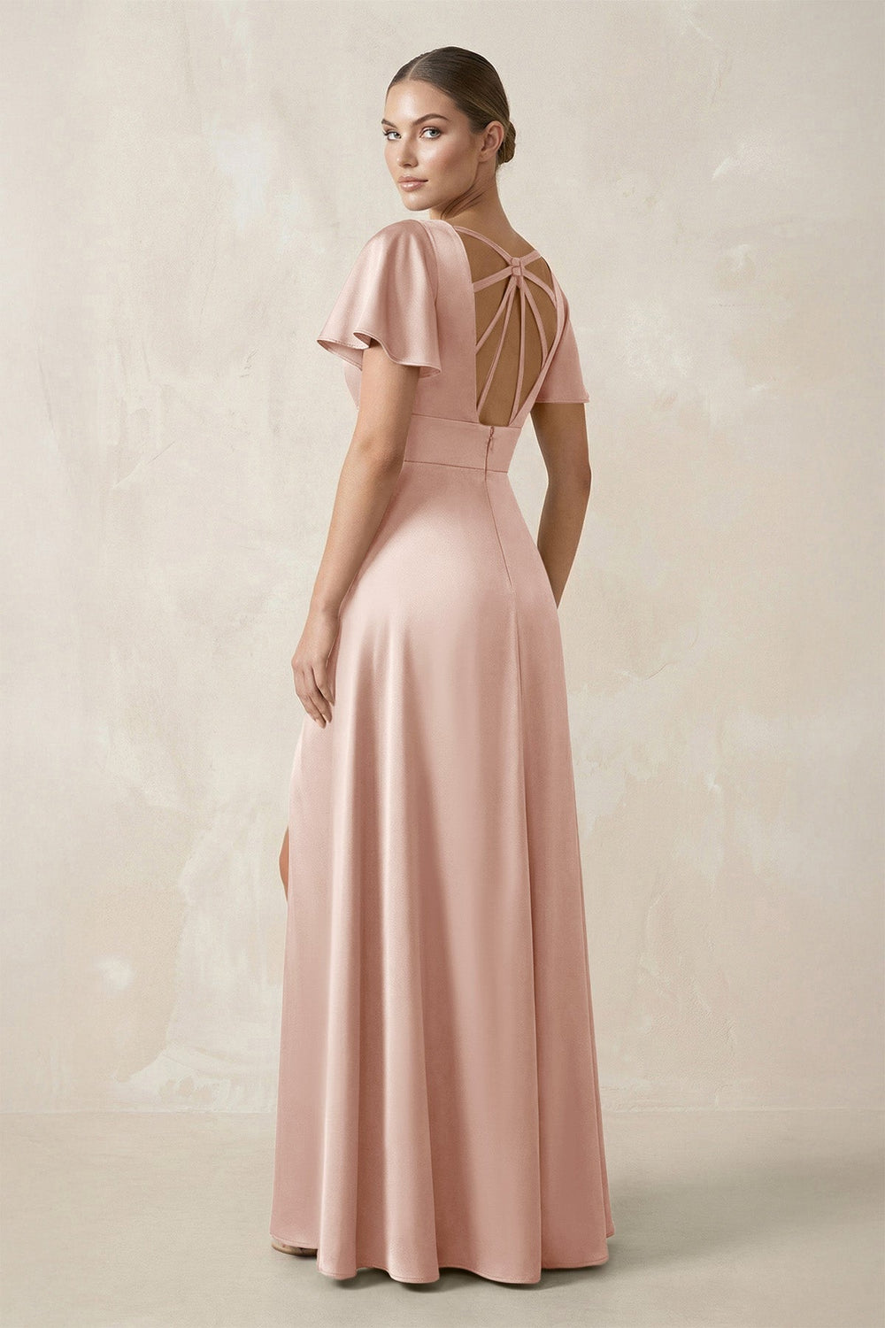 Short Sleeve V - Neck A - Line Satin Bridesmaid Dress With Slit in Pale Blush - KissProm Bridesmaid Dresses