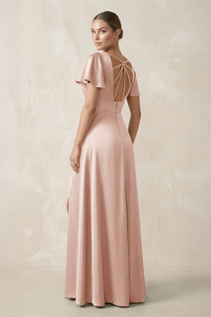 Short Sleeve V - Neck A - Line Satin Bridesmaid Dress With Slit in Pale Blush - KissProm Bridesmaid Dresses