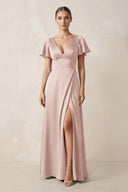 Short Sleeve V - Neck A - Line Satin Bridesmaid Dress With Slit in Pale Blush - KissProm Bridesmaid Dresses