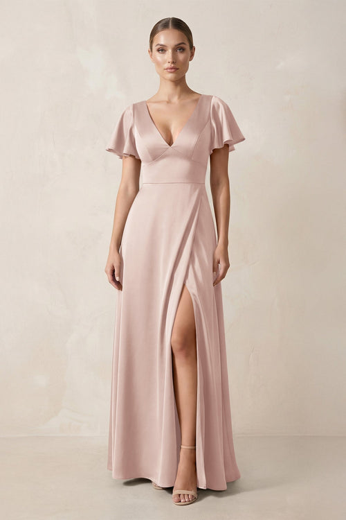 Short Sleeve V - Neck A - Line Satin Bridesmaid Dress With Slit in Pale Blush - KissProm Bridesmaid Dresses
