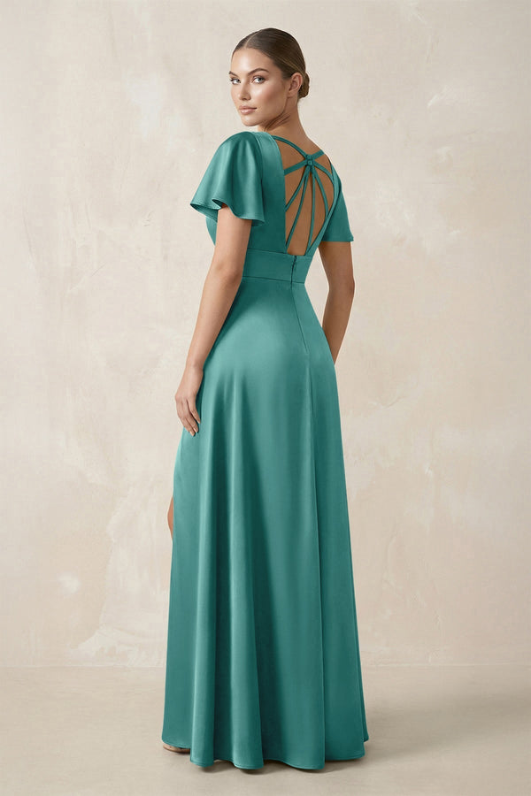 Short Sleeve V - Neck A - Line Satin Bridesmaid Dress With Slit in Pale Pistachio - KissProm Bridesmaid Dresses