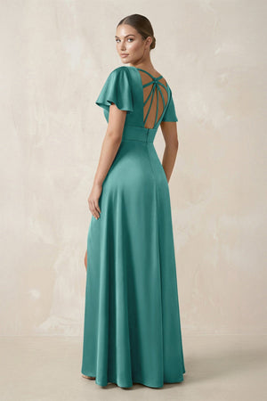 Short Sleeve V - Neck A - Line Satin Bridesmaid Dress With Slit in Pale Pistachio - KissProm Bridesmaid Dresses