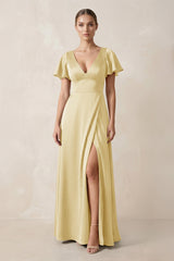 Short Sleeve V - Neck A - Line Satin Bridesmaid Dress With Slit in Pastel Yellow - KissProm Bridesmaid Dresses
