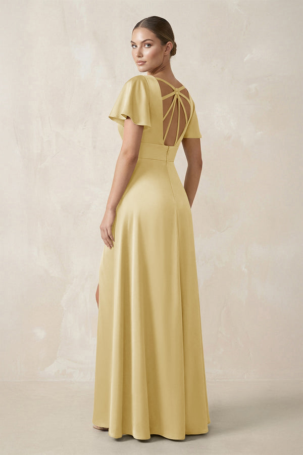 Short Sleeve V - Neck A - Line Satin Bridesmaid Dress With Slit in Pastel Yellow - KissProm Bridesmaid Dresses