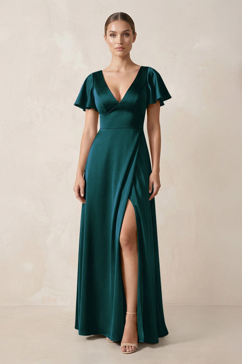Short Sleeve V - Neck A - Line Satin Bridesmaid Dress With Slit in Pine - KissProm Bridesmaid Dresses