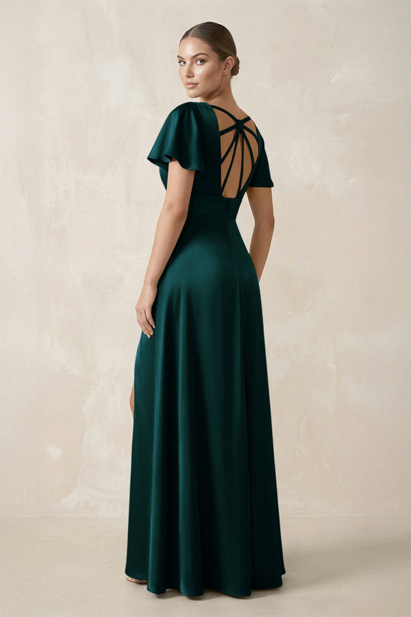 Short Sleeve V - Neck A - Line Satin Bridesmaid Dress With Slit in Pine - KissProm Bridesmaid Dresses