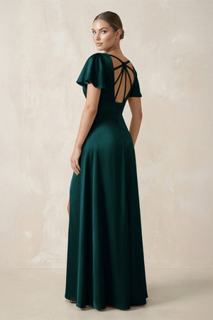 Short Sleeve V - Neck A - Line Satin Bridesmaid Dress With Slit in Pine - KissProm Bridesmaid Dresses