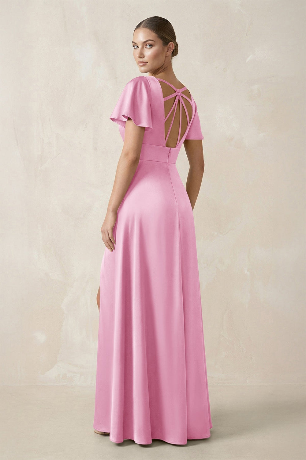 Short Sleeve V - Neck A - Line Satin Bridesmaid Dress With Slit in Pink - KissProm Bridesmaid Dresses