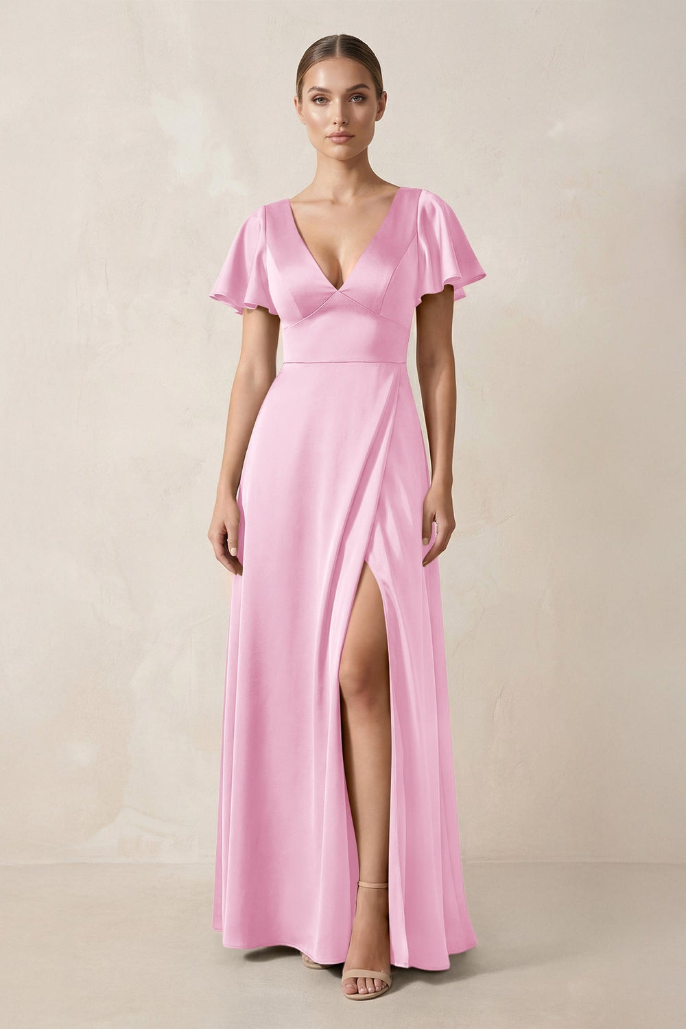 Short Sleeve V - Neck A - Line Satin Bridesmaid Dress With Slit in Pink - KissProm Bridesmaid Dresses