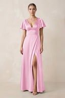 Short Sleeve V - Neck A - Line Satin Bridesmaid Dress With Slit in Pink - KissProm Bridesmaid Dresses