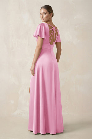 Short Sleeve V - Neck A - Line Satin Bridesmaid Dress With Slit in Pink - KissProm Bridesmaid Dresses