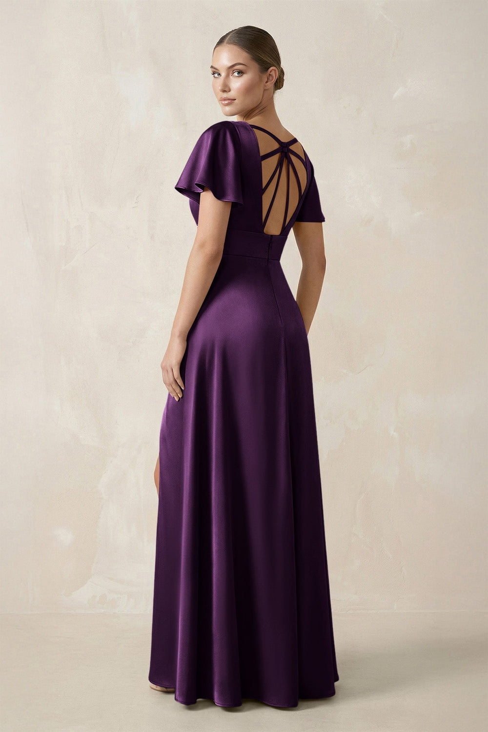 Short Sleeve V - Neck A - Line Satin Bridesmaid Dress With Slit in Plum - KissProm Bridesmaid Dresses