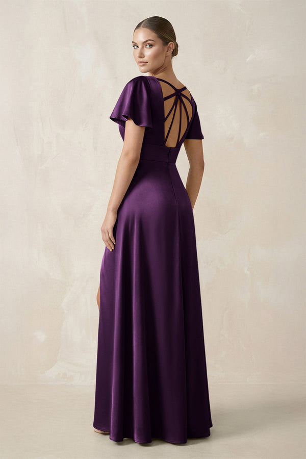 Short Sleeve V - Neck A - Line Satin Bridesmaid Dress With Slit in Plum - KissProm Bridesmaid Dresses