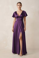 Short Sleeve V - Neck A - Line Satin Bridesmaid Dress With Slit in Plum - KissProm Bridesmaid Dresses
