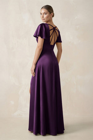 Short Sleeve V - Neck A - Line Satin Bridesmaid Dress With Slit in Plum - KissProm Bridesmaid Dresses
