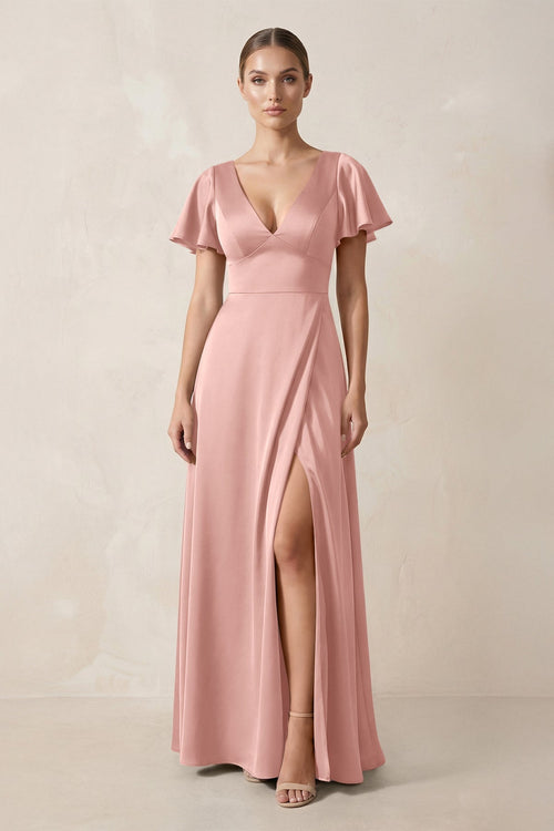 Short Sleeve V - Neck A - Line Satin Bridesmaid Dress With Slit in Rose Petal - KissProm Bridesmaid Dresses
