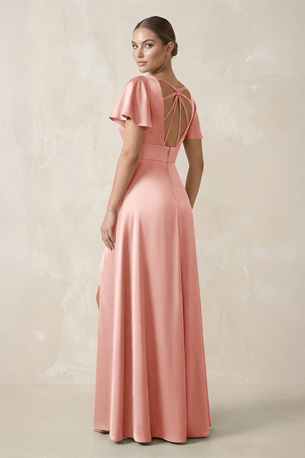 Short Sleeve V - Neck A - Line Satin Bridesmaid Dress With Slit in Rose Petal - KissProm Bridesmaid Dresses