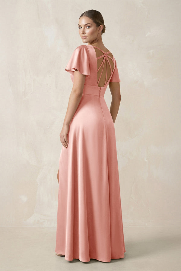 Short Sleeve V - Neck A - Line Satin Bridesmaid Dress With Slit in Rose Petal - KissProm Bridesmaid Dresses
