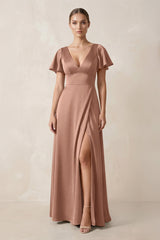 Short Sleeve V - Neck A - Line Satin Bridesmaid Dress With Slit in Rosette - KissProm Bridesmaid Dresses