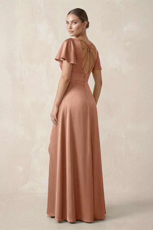 Short Sleeve V - Neck A - Line Satin Bridesmaid Dress With Slit in Rosette - KissProm Bridesmaid Dresses