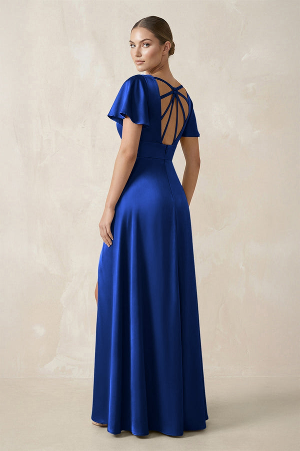 Short Sleeve V - Neck A - Line Satin Bridesmaid Dress With Slit in Royal Blue - KissProm Bridesmaid Dresses