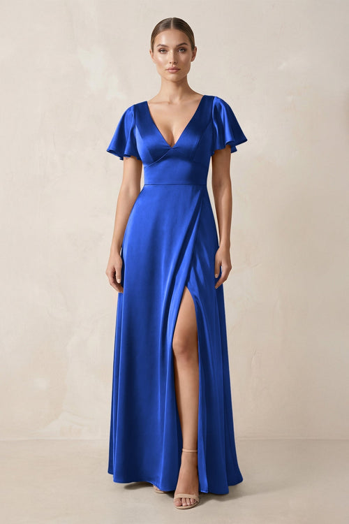 Short Sleeve V - Neck A - Line Satin Bridesmaid Dress With Slit in Royal Blue - KissProm Bridesmaid Dresses