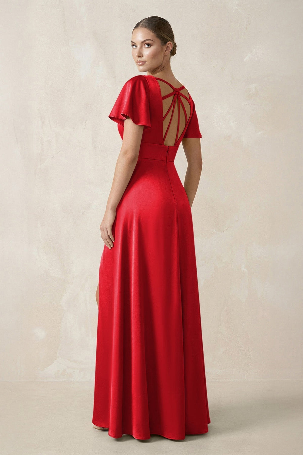 Short Sleeve V - Neck A - Line Satin Bridesmaid Dress With Slit in Ruby Red - KissProm Bridesmaid Dresses