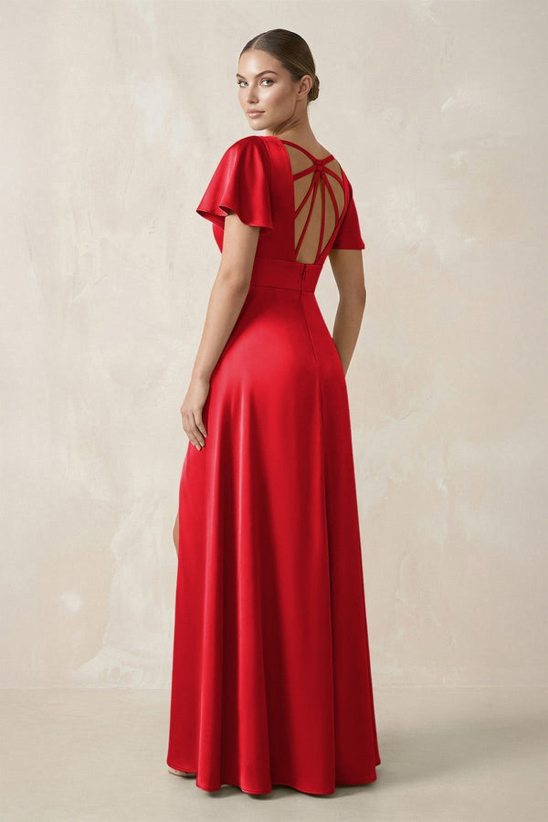 Short Sleeve V - Neck A - Line Satin Bridesmaid Dress With Slit in Ruby Red - KissProm Bridesmaid Dresses