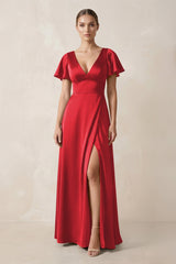 Short Sleeve V - Neck A - Line Satin Bridesmaid Dress With Slit in Ruby Red - KissProm Bridesmaid Dresses