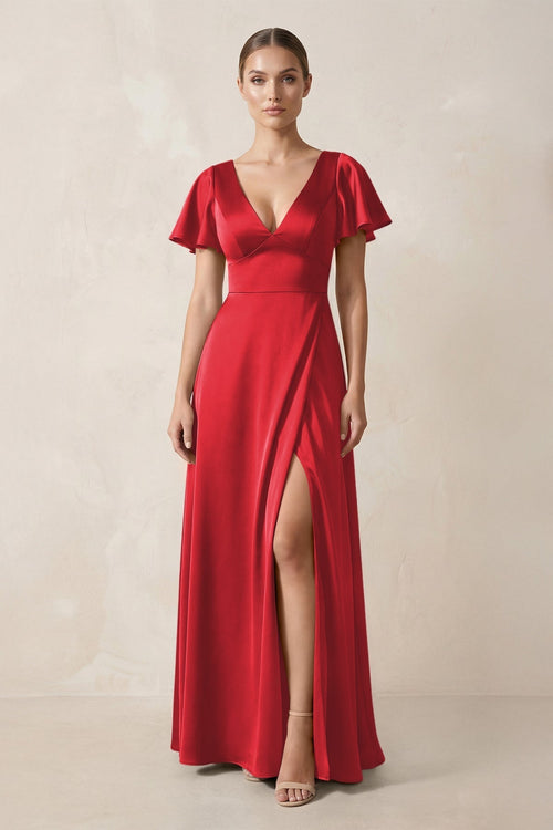 Short Sleeve V - Neck A - Line Satin Bridesmaid Dress With Slit in Ruby Red - KissProm Bridesmaid Dresses