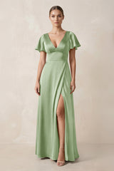 Short Sleeve V - Neck A - Line Satin Bridesmaid Dress With Slit in Sage - KissProm Bridesmaid Dresses
