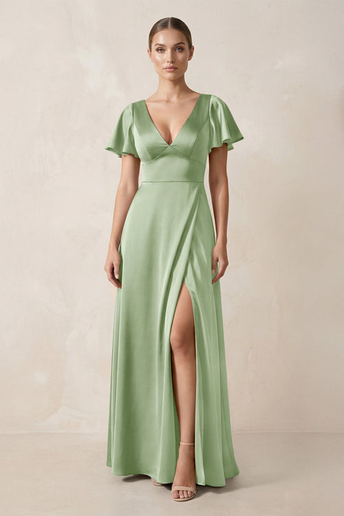 Short Sleeve V - Neck A - Line Satin Bridesmaid Dress With Slit in Sage - KissProm Bridesmaid Dresses