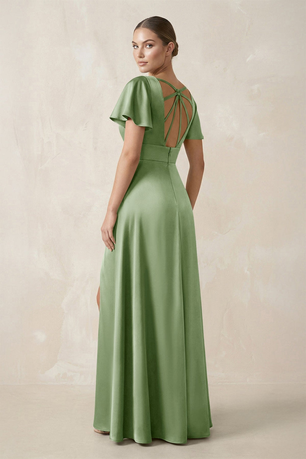 Short Sleeve V - Neck A - Line Satin Bridesmaid Dress With Slit in Sage - KissProm Bridesmaid Dresses