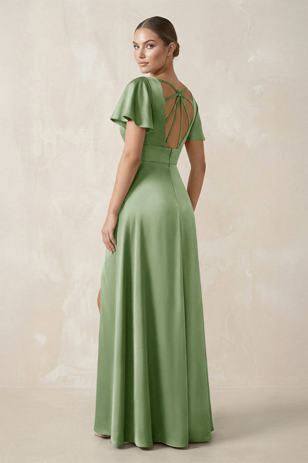 Short Sleeve V - Neck A - Line Satin Bridesmaid Dress With Slit in Sage - KissProm Bridesmaid Dresses