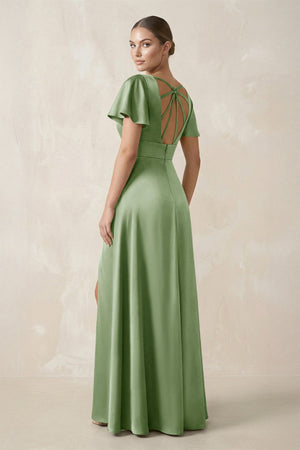 Short Sleeve V - Neck A - Line Satin Bridesmaid Dress With Slit in Sage - KissProm Bridesmaid Dresses