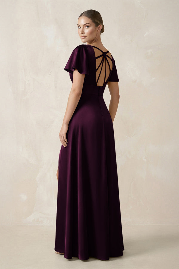 Short Sleeve V - Neck A - Line Satin Bridesmaid Dress With Slit in Sangria - KissProm Bridesmaid Dresses